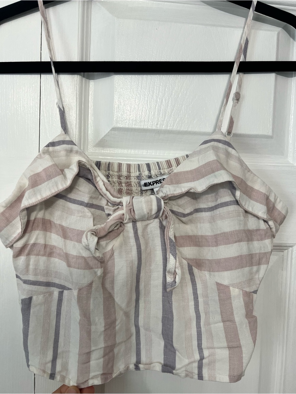 Express Striped Tie-Front Cropped Cami in Cream, Mauve, and Gray